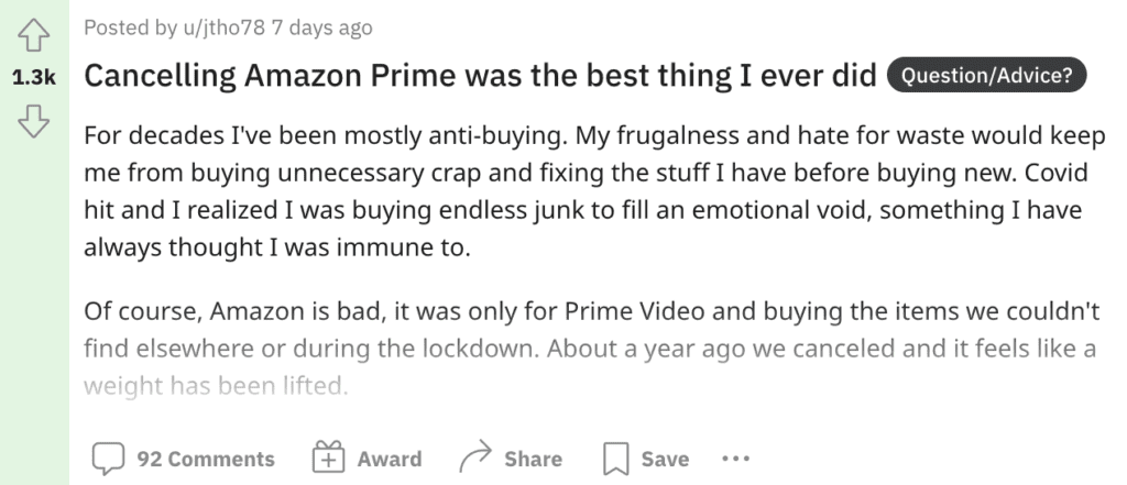 reddit declutter cancel Amazon Prime